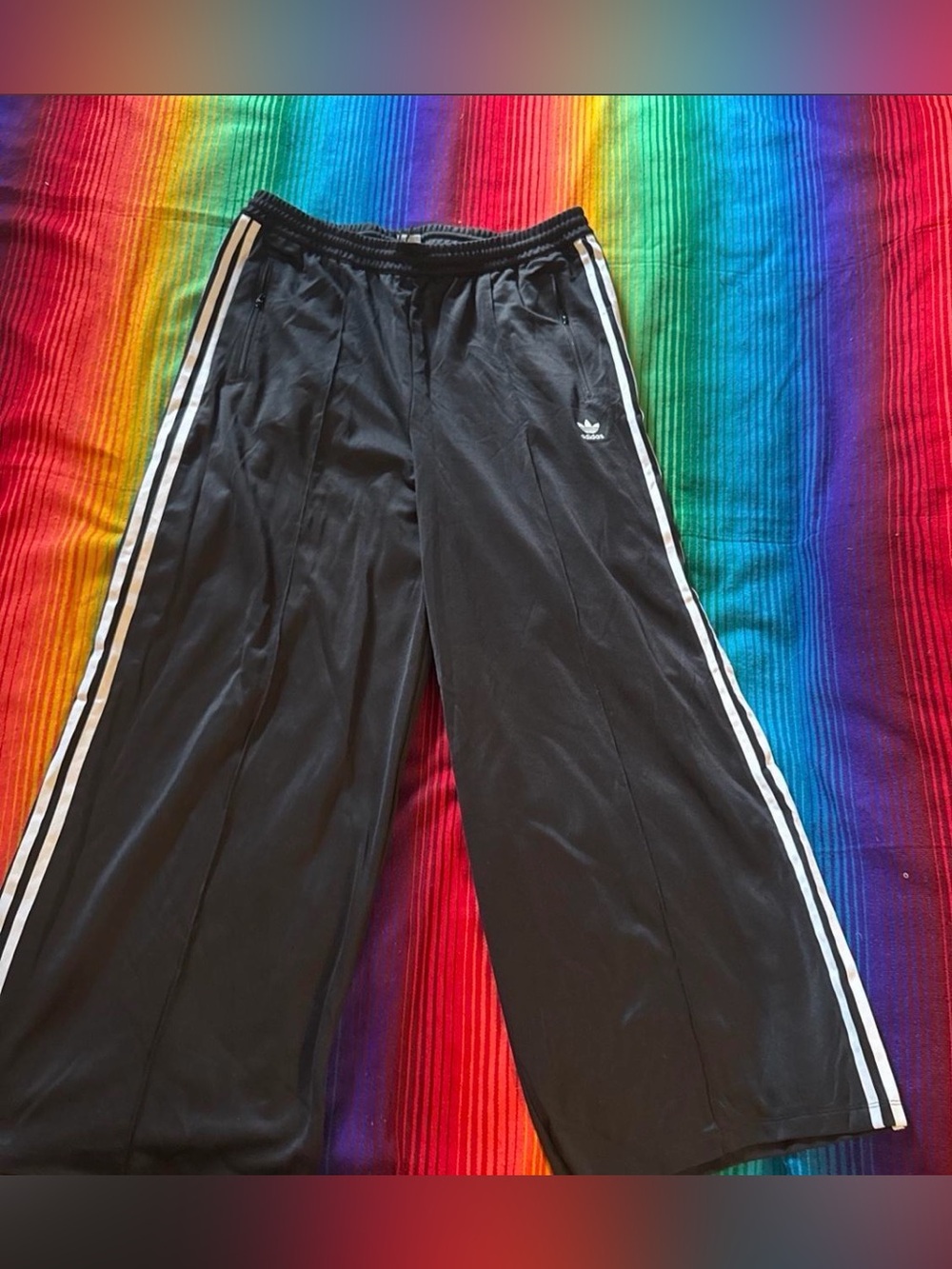 adidas Black Wide-Leg Track Pants with White Side Stripes